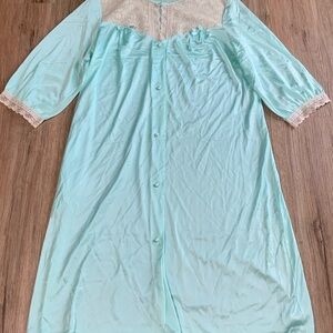 Vtg Henson Kickernick Aqua Nylon Duster Lace Trim 60s 70s Button Front Sz L